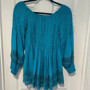 EUC RUCHED TUNIC TOP CROCHET DETAILING FIT UP TO 1XL